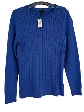Talbots Cable Knit Sweater Size MP Blue Cotton Long Sleeves Pullover preppy
